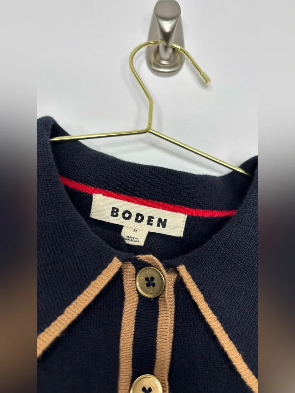 Boden Liz Henley Jumper Navy Camel Stripe Gold Button Knit Sweater Size M